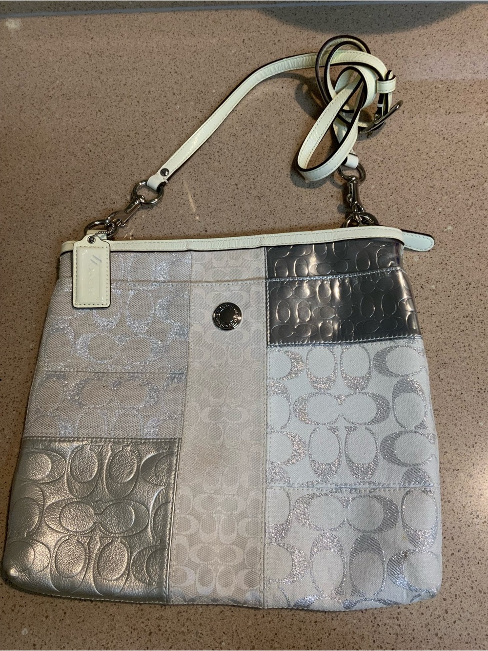 Coach Silver & White Patchwork Signature Crossbody